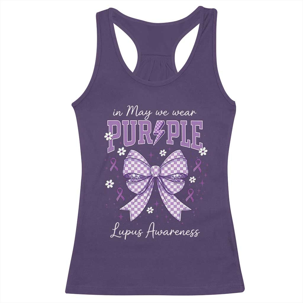 In May We Wear Purple Lupus Awareness Racerback Tank Top Purple Ribbon Coquette Bow