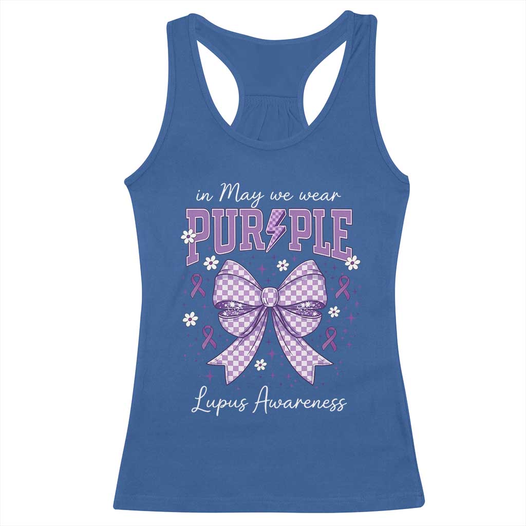 In May We Wear Purple Lupus Awareness Racerback Tank Top Purple Ribbon Coquette Bow