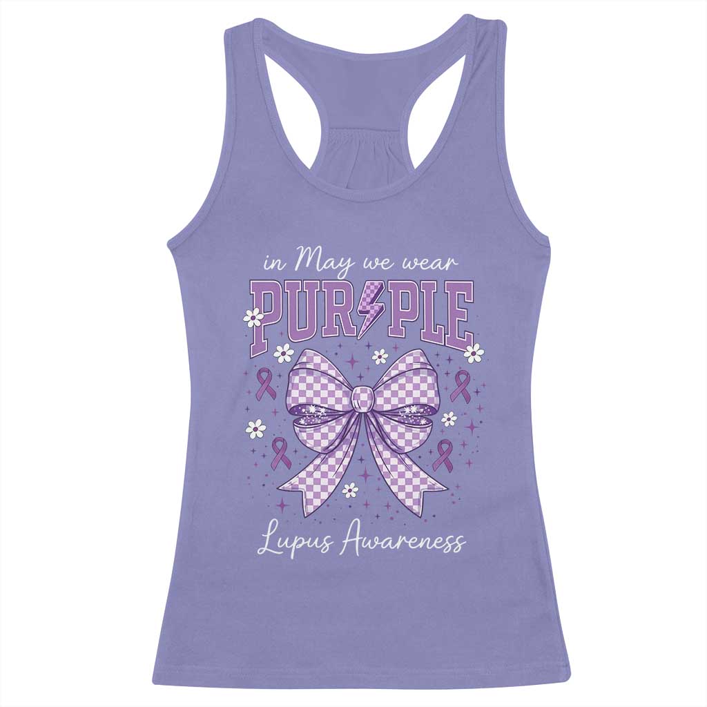 In May We Wear Purple Lupus Awareness Racerback Tank Top Purple Ribbon Coquette Bow