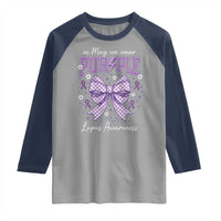 In May We Wear Purple Lupus Awareness Raglan Shirt Purple Ribbon Coquette Bow