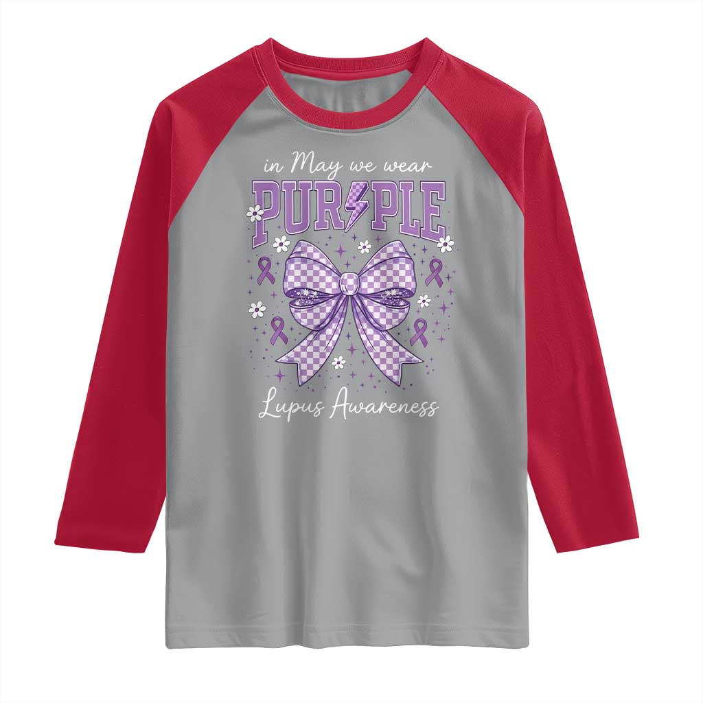 In May We Wear Purple Lupus Awareness Raglan Shirt Purple Ribbon Coquette Bow
