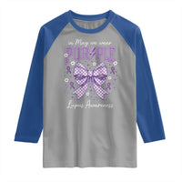 In May We Wear Purple Lupus Awareness Raglan Shirt Purple Ribbon Coquette Bow