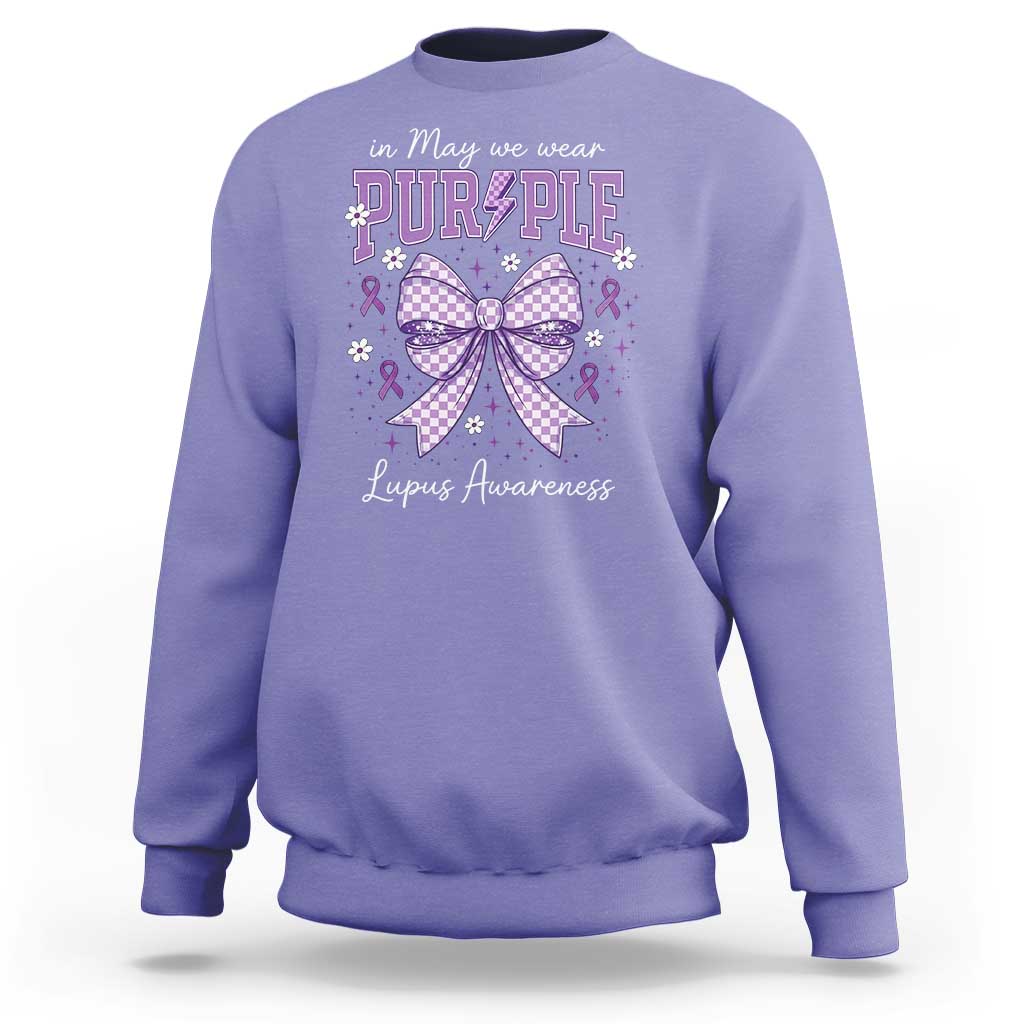 In May We Wear Purple Lupus Awareness Sweatshirt Purple Ribbon Coquette Bow