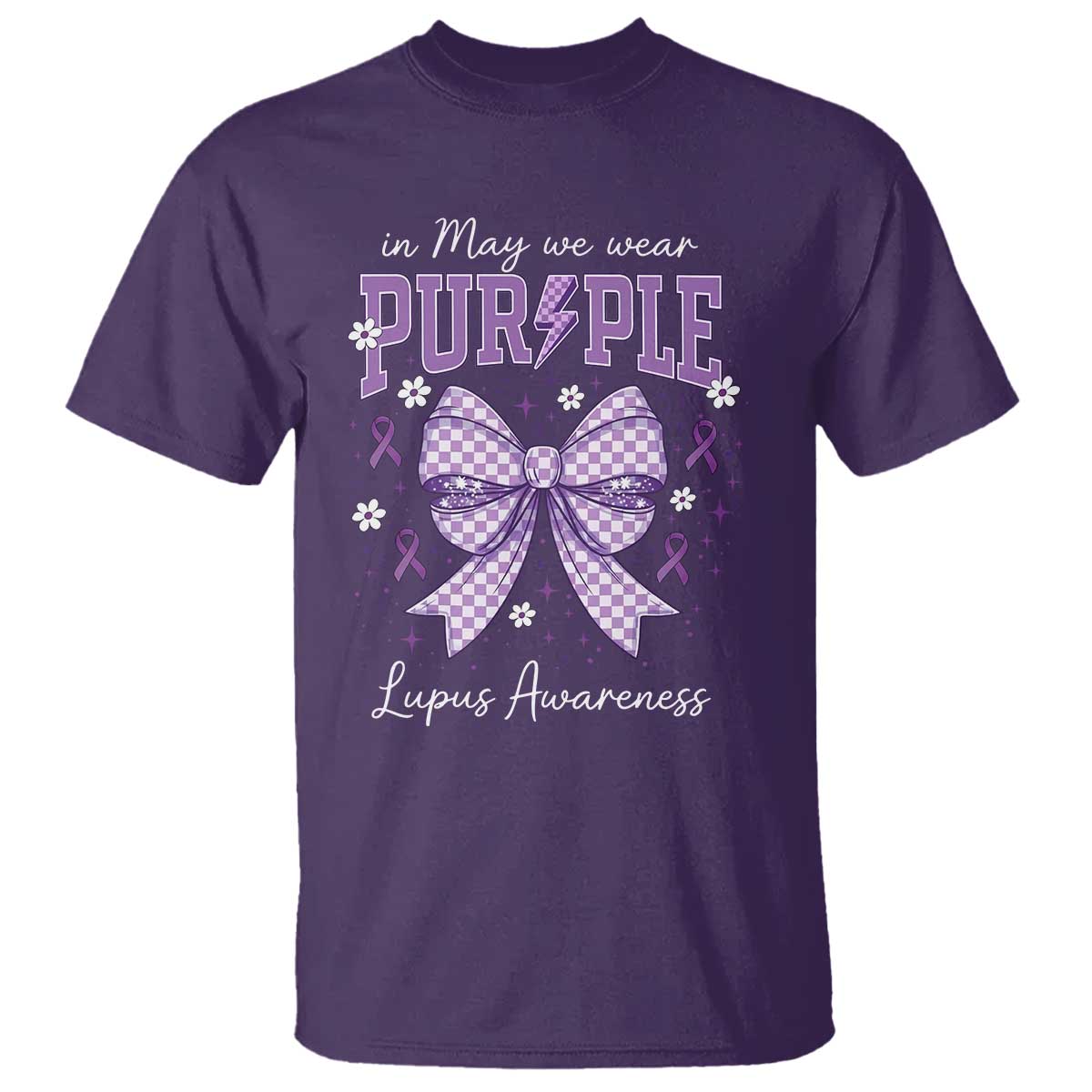 In May We Wear Purple Lupus Awareness T Shirt Purple Ribbon Coquette Bow