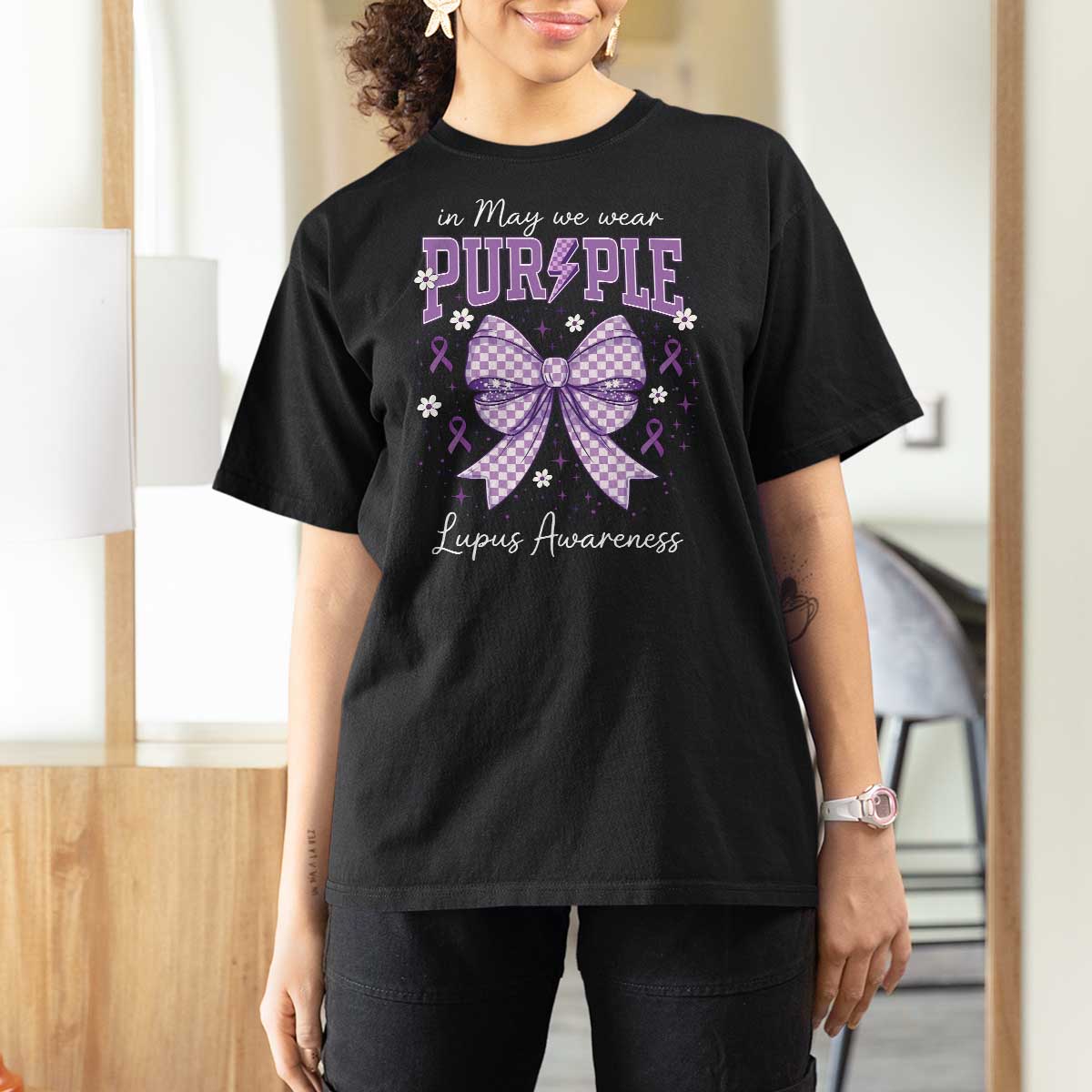 In May We Wear Purple Lupus Awareness T Shirt For Women Purple Ribbon Coquette Bow