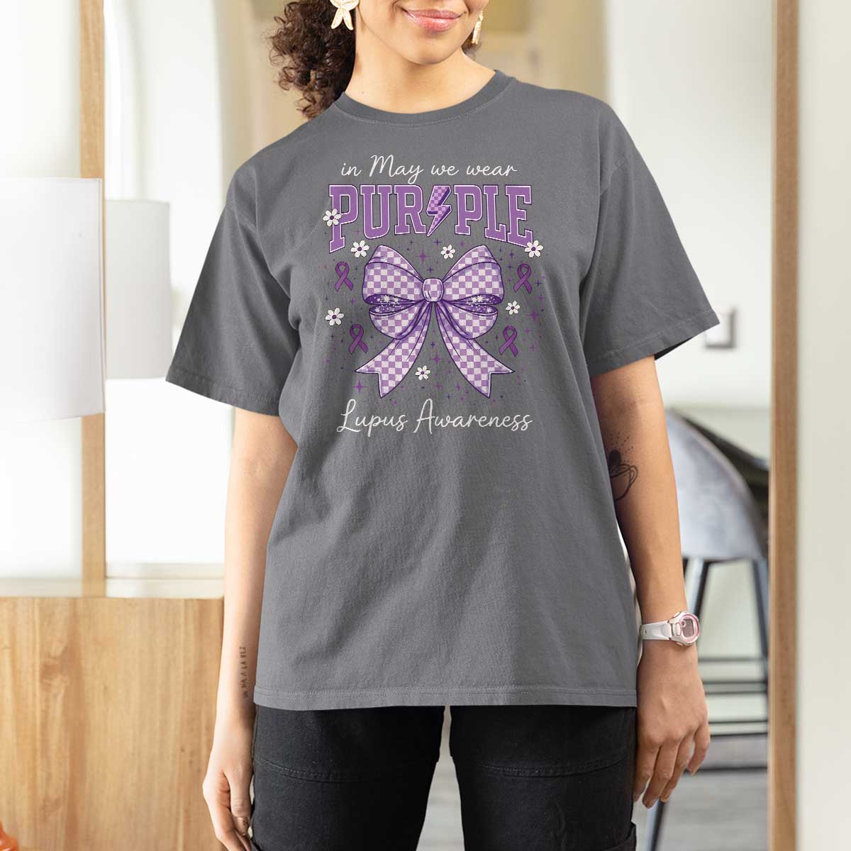 In May We Wear Purple Lupus Awareness T Shirt For Women Purple Ribbon Coquette Bow
