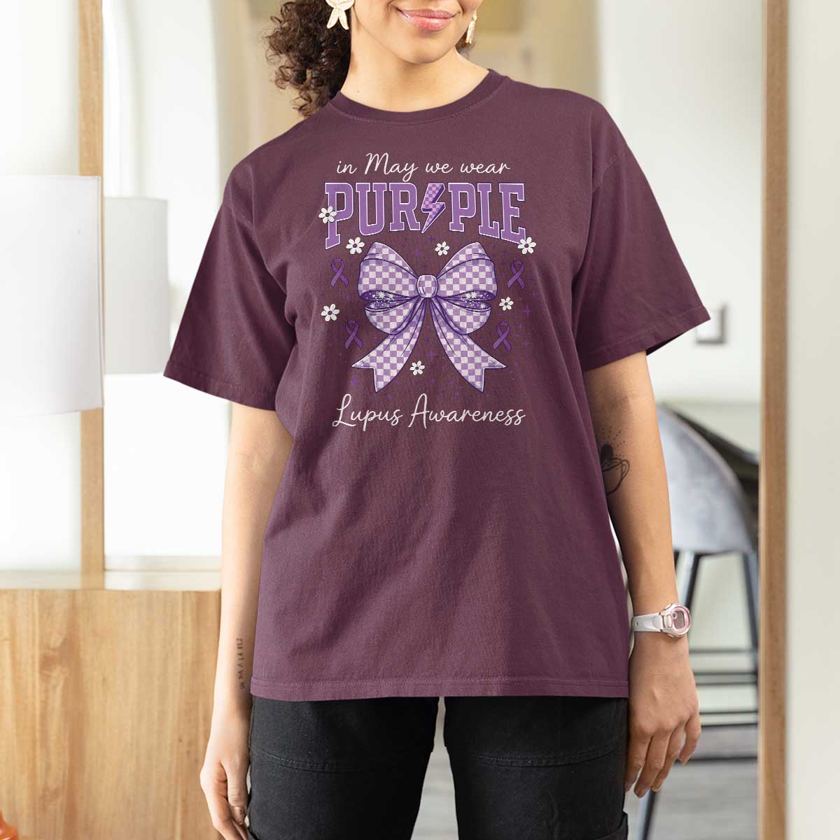 In May We Wear Purple Lupus Awareness T Shirt For Women Purple Ribbon Coquette Bow
