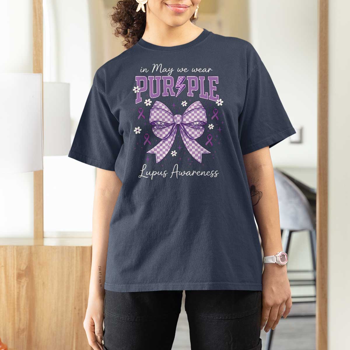 In May We Wear Purple Lupus Awareness T Shirt For Women Purple Ribbon Coquette Bow