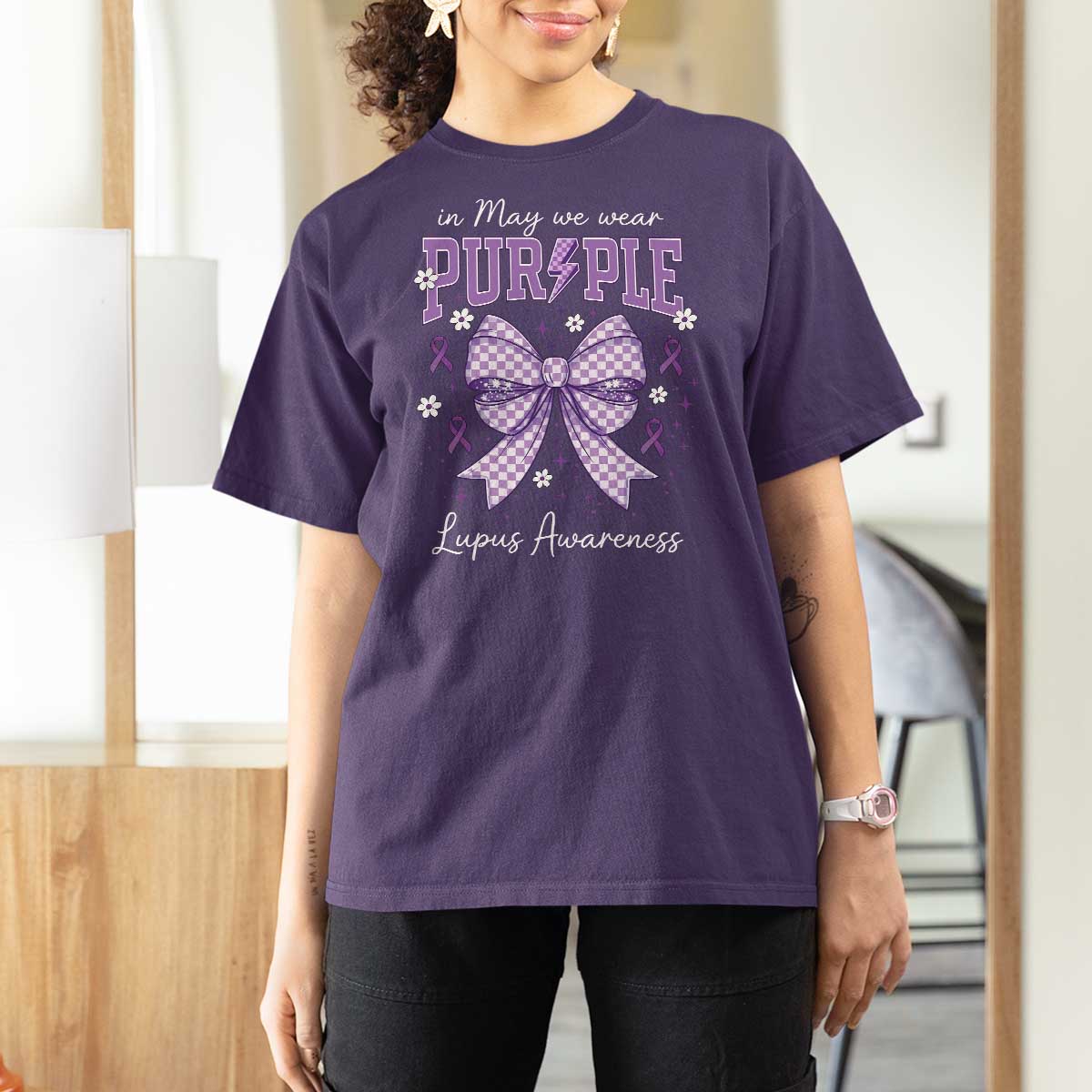 In May We Wear Purple Lupus Awareness T Shirt For Women Purple Ribbon Coquette Bow