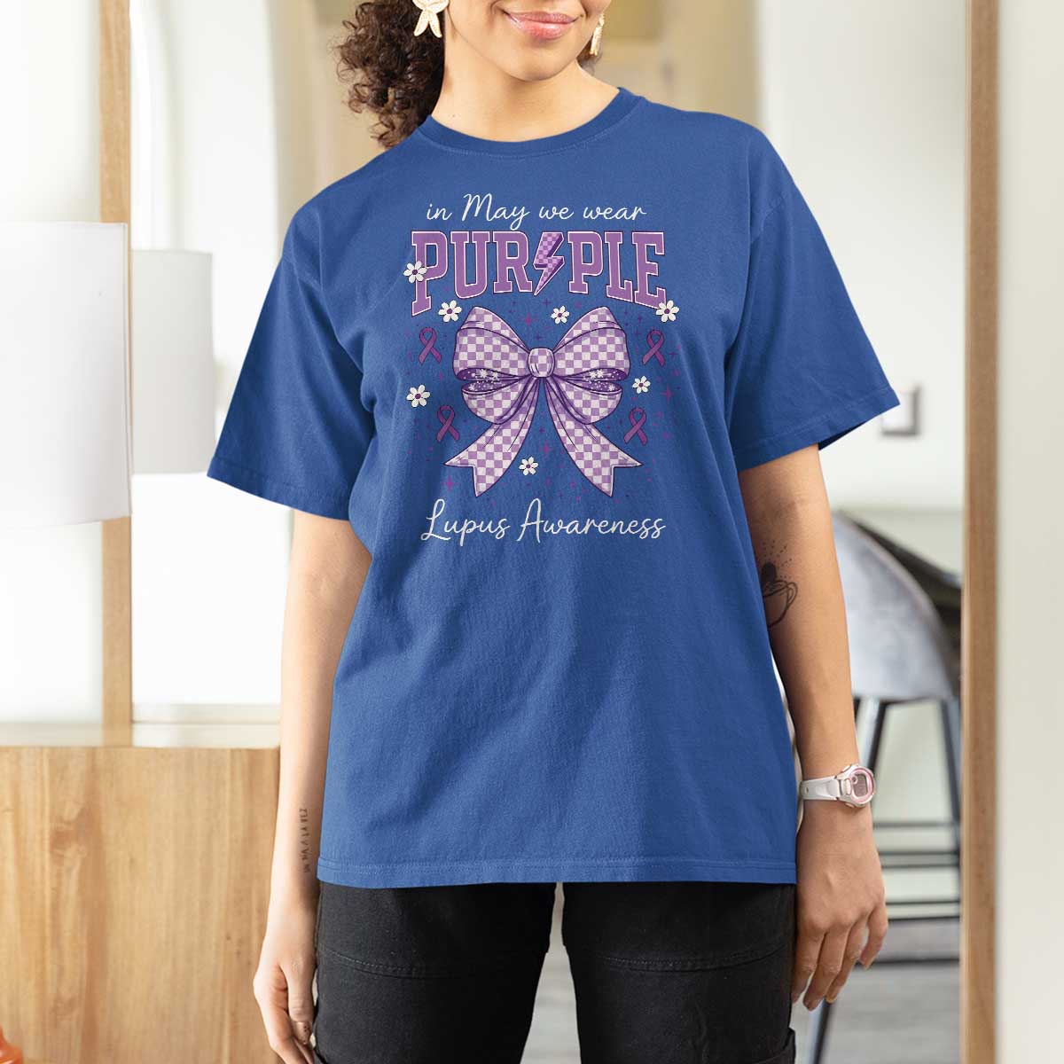In May We Wear Purple Lupus Awareness T Shirt For Women Purple Ribbon Coquette Bow