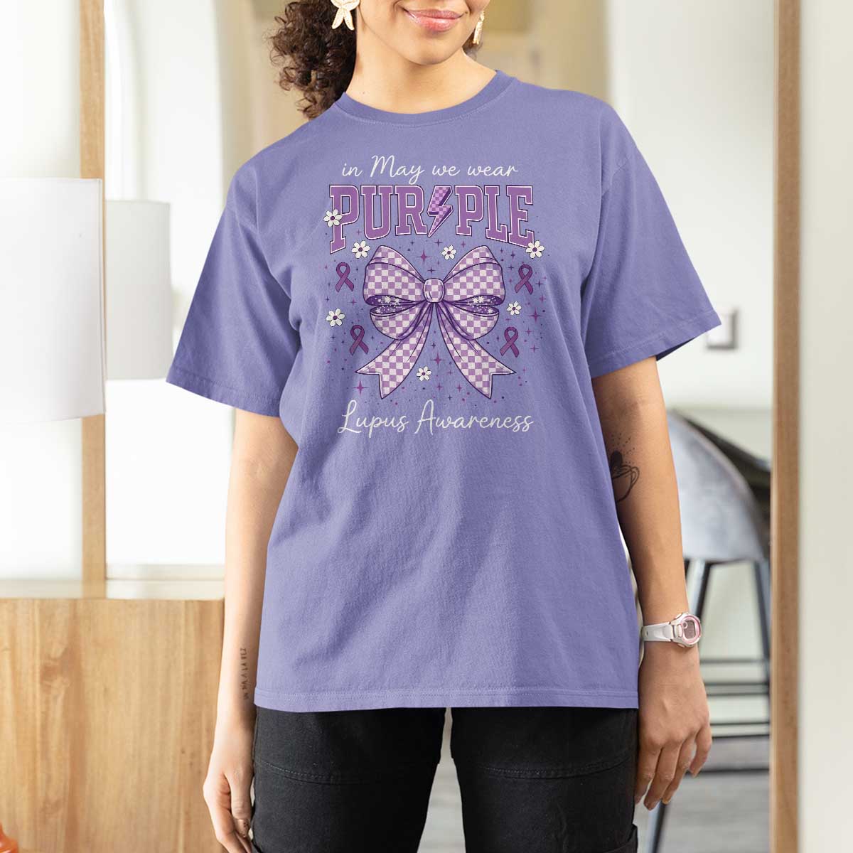 In May We Wear Purple Lupus Awareness T Shirt For Women Purple Ribbon Coquette Bow