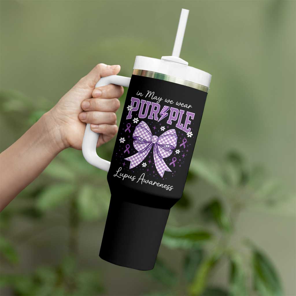 In May We Wear Purple Lupus Awareness Tumbler With Handle Purple Ribbon Coquette Bow