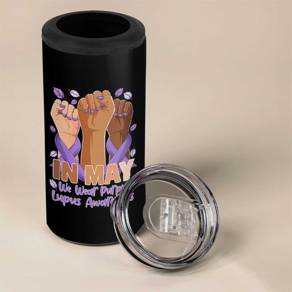In May We Wear Purple Lupus Awareness 4 in 1 Can Cooler Tumbler Purple Ribbon