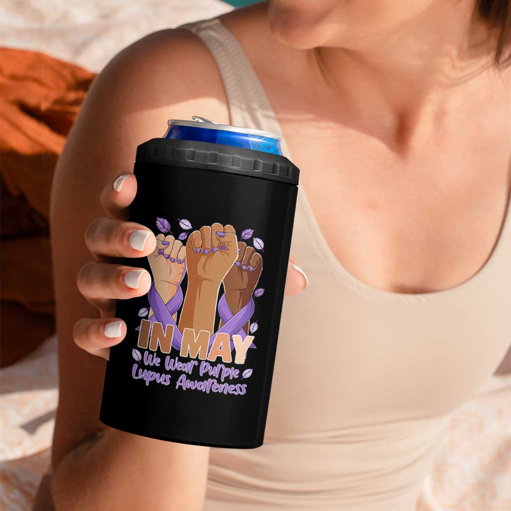 In May We Wear Purple Lupus Awareness 4 in 1 Can Cooler Tumbler Purple Ribbon