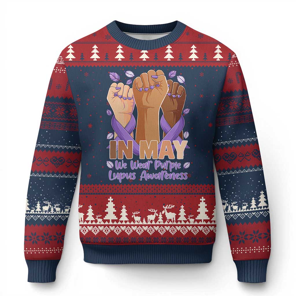 In May We Wear Purple Lupus Awareness Ugly Christmas Sweater Purple Ribbon