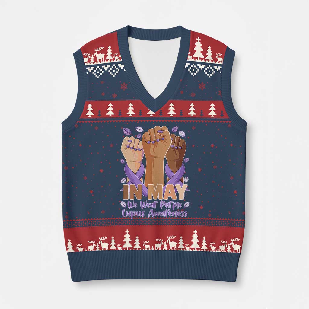 In May We Wear Purple Lupus Awareness V-Neck Knit Sweater Vest Purple Ribbon