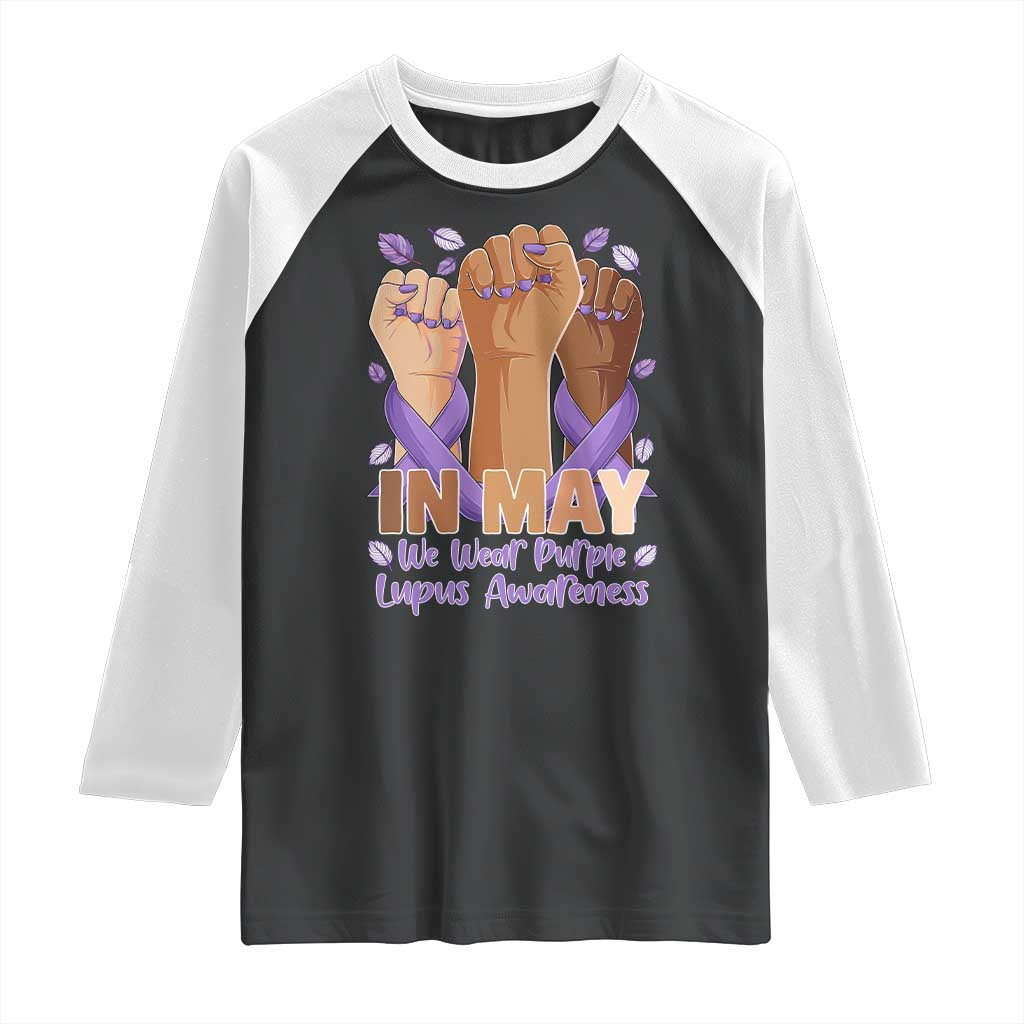 In May We Wear Purple Lupus Awareness Raglan Shirt Purple Ribbon