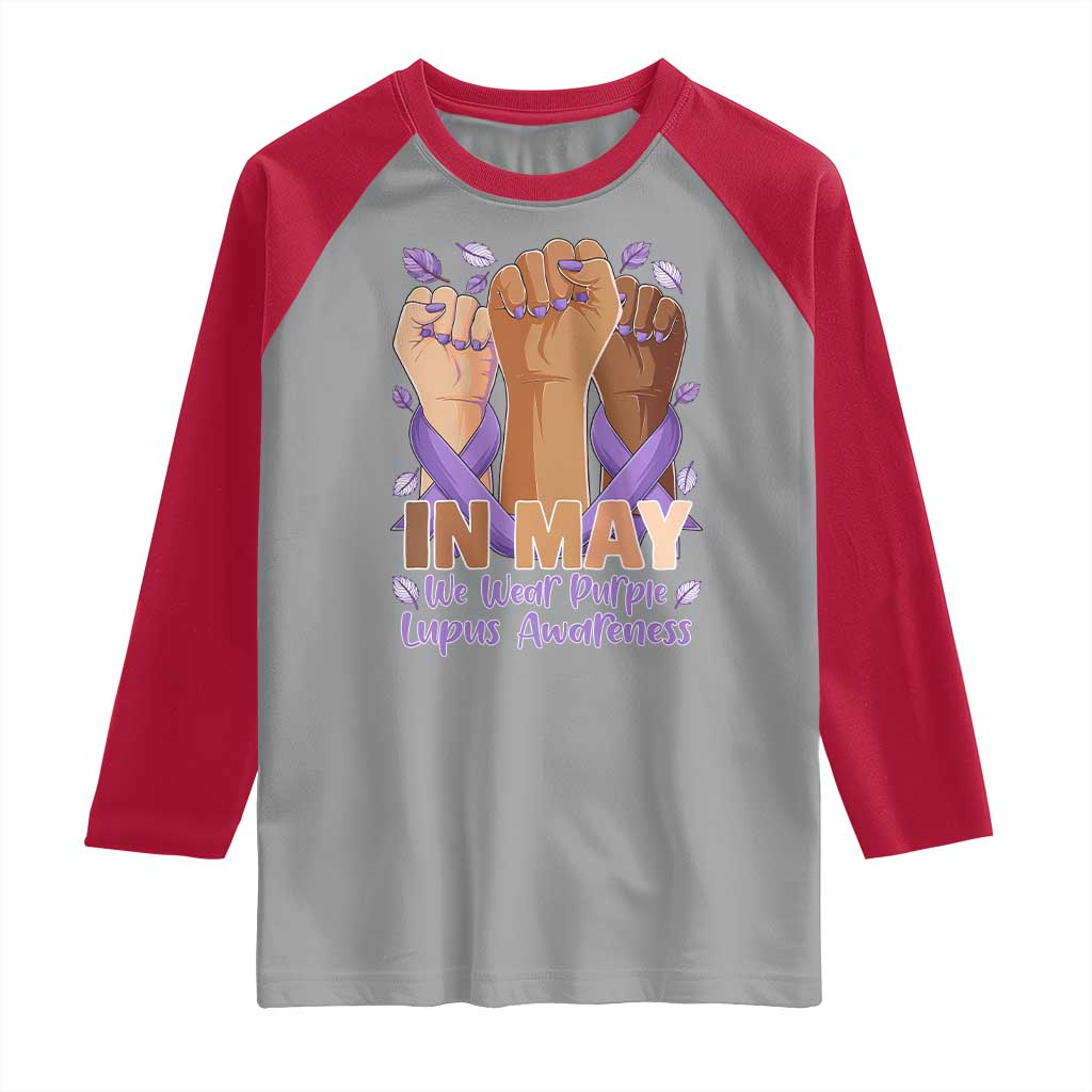 In May We Wear Purple Lupus Awareness Raglan Shirt Purple Ribbon