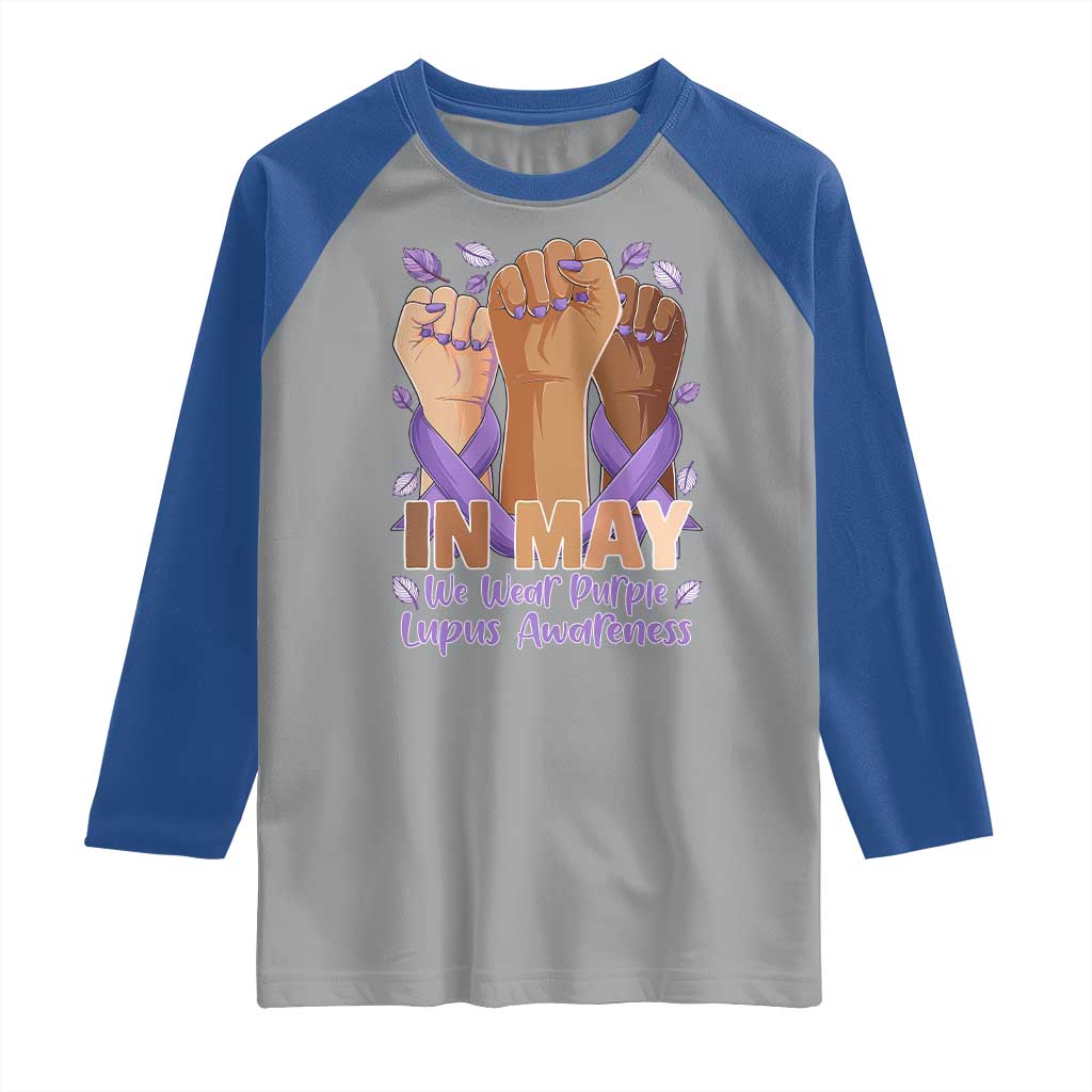 In May We Wear Purple Lupus Awareness Raglan Shirt Purple Ribbon