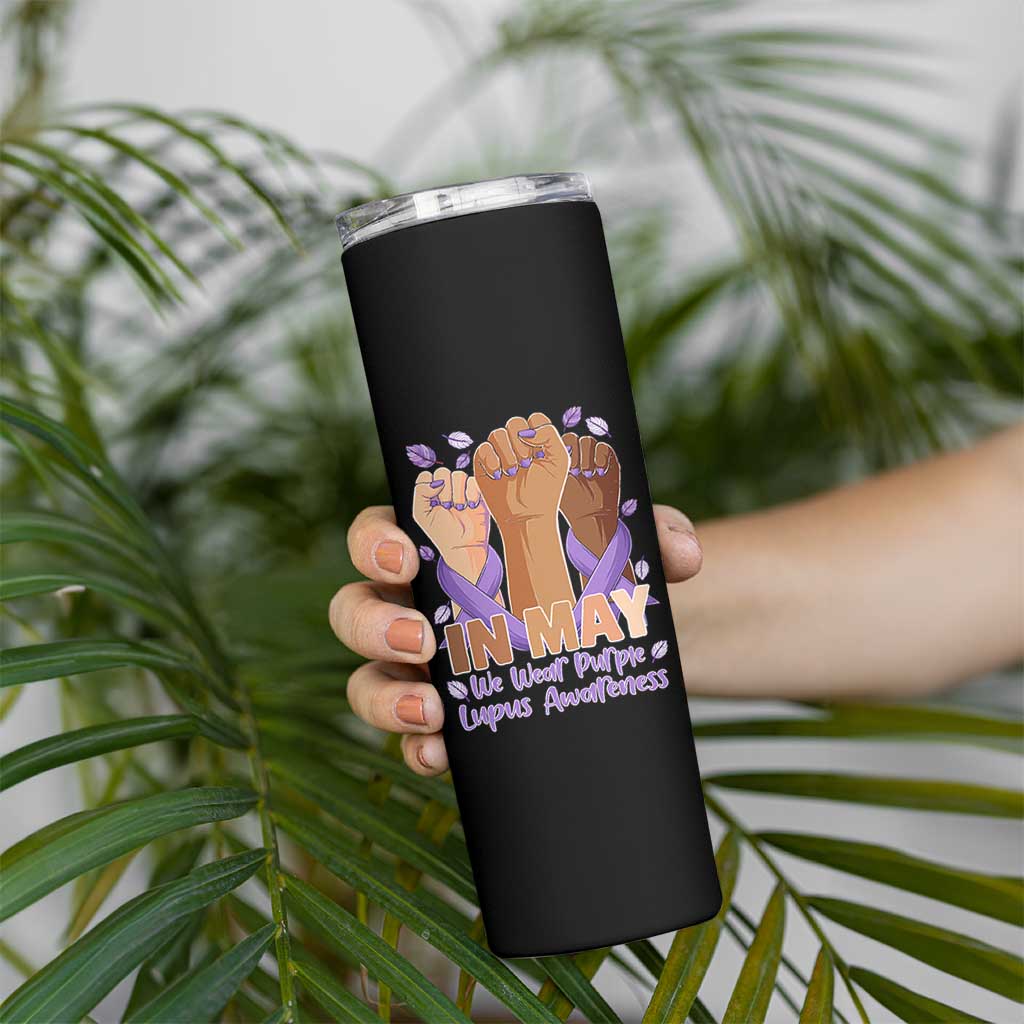 In May We Wear Purple Lupus Awareness Skinny Tumbler Purple Ribbon