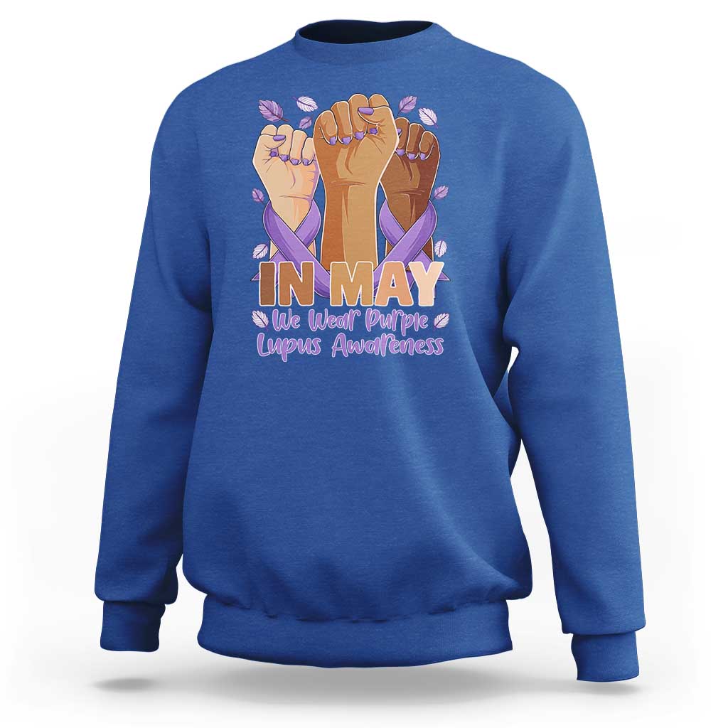 In May We Wear Purple Lupus Awareness Sweatshirt Purple Ribbon