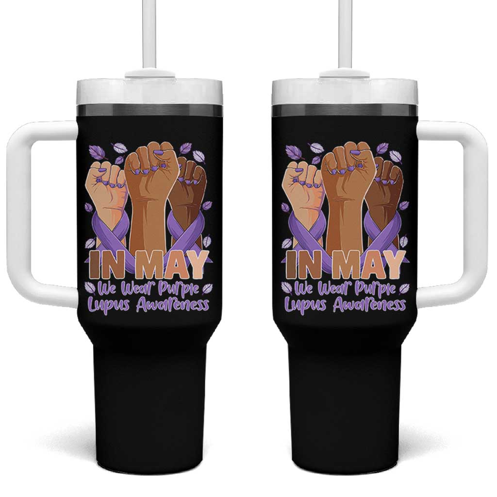In May We Wear Purple Lupus Awareness Tumbler With Handle Purple Ribbon
