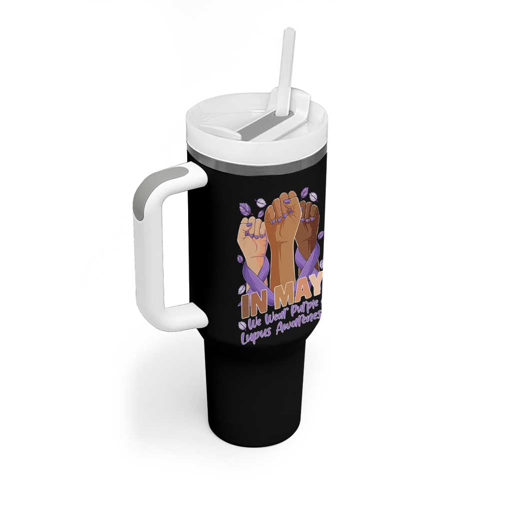 In May We Wear Purple Lupus Awareness Tumbler With Handle Purple Ribbon