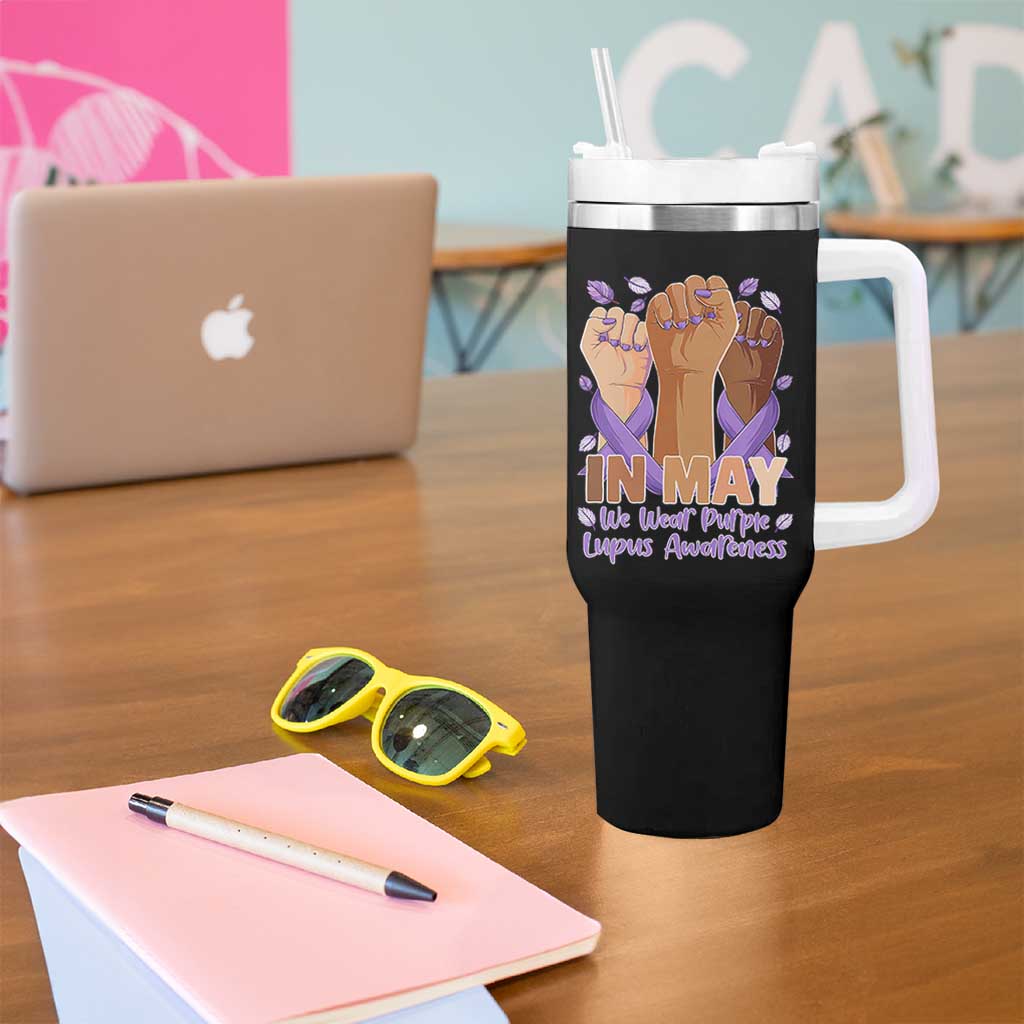 In May We Wear Purple Lupus Awareness Tumbler With Handle Purple Ribbon