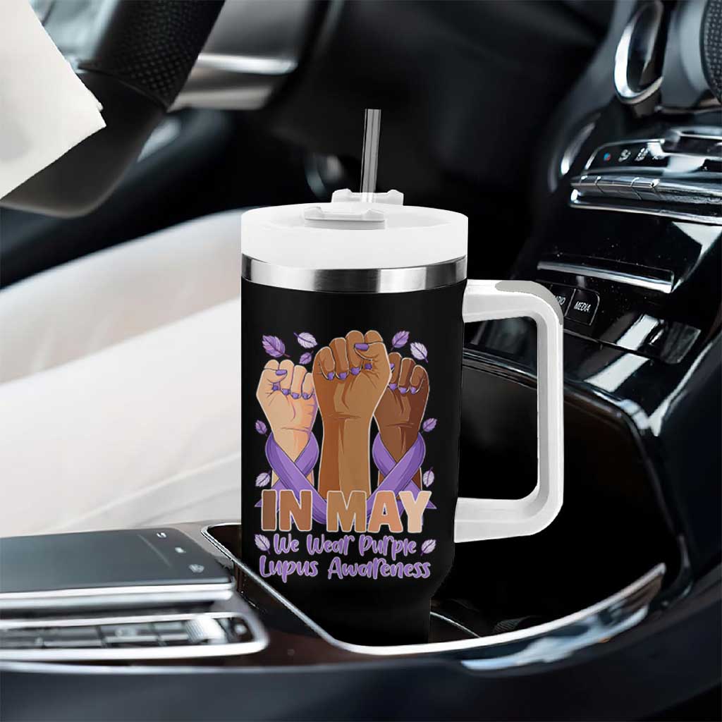 In May We Wear Purple Lupus Awareness Tumbler With Handle Purple Ribbon