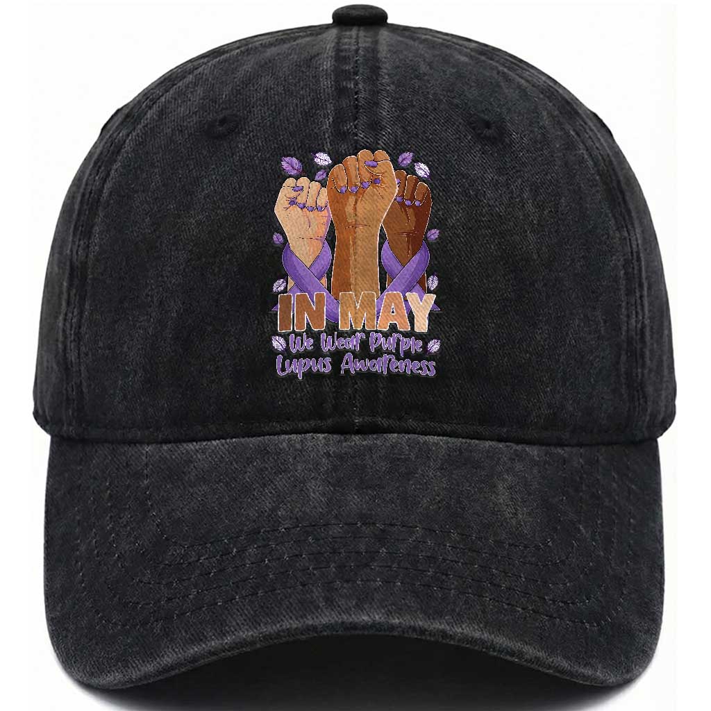 In May We Wear Purple Lupus Awareness Washed Cotton Baseball Cap Purple Ribbon