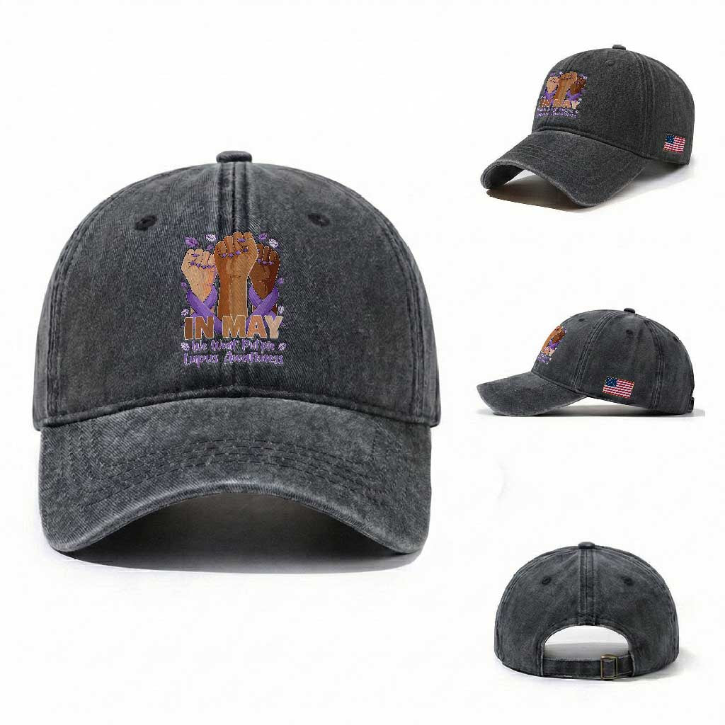 In May We Wear Purple Lupus Awareness Washed Cotton Baseball Cap Purple Ribbon