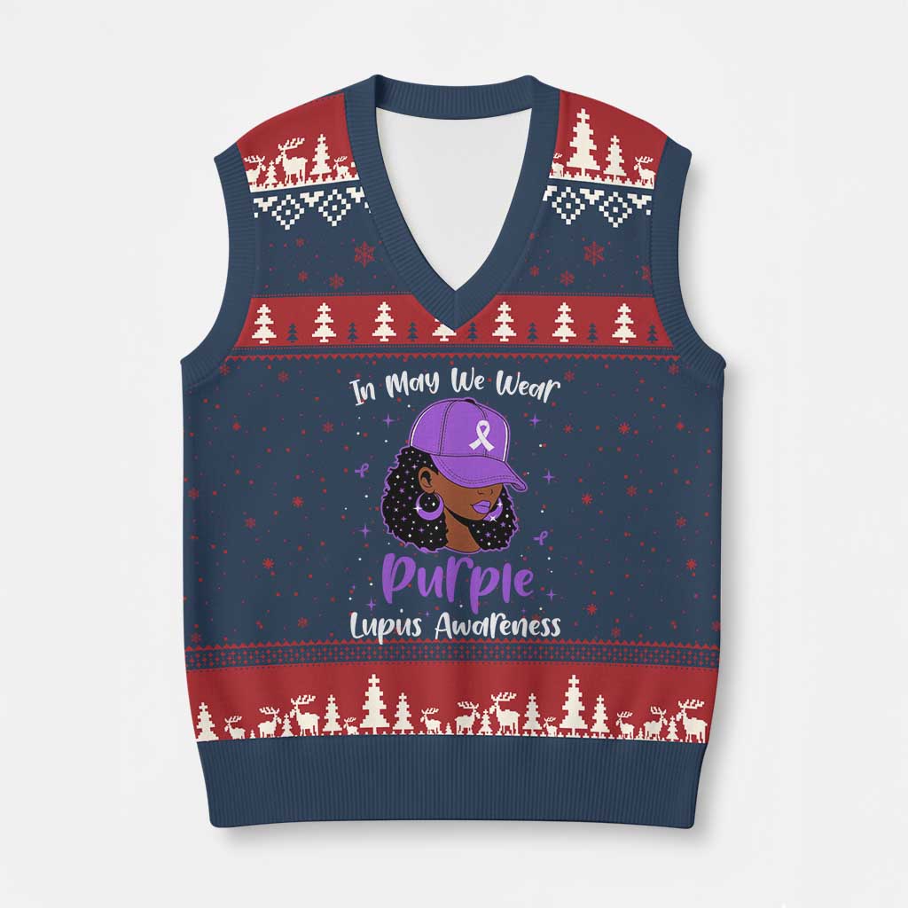 Lupus Awareness V-Neck Knit Sweater Vest African American Black Women Fight Lupus Purple Ribbon