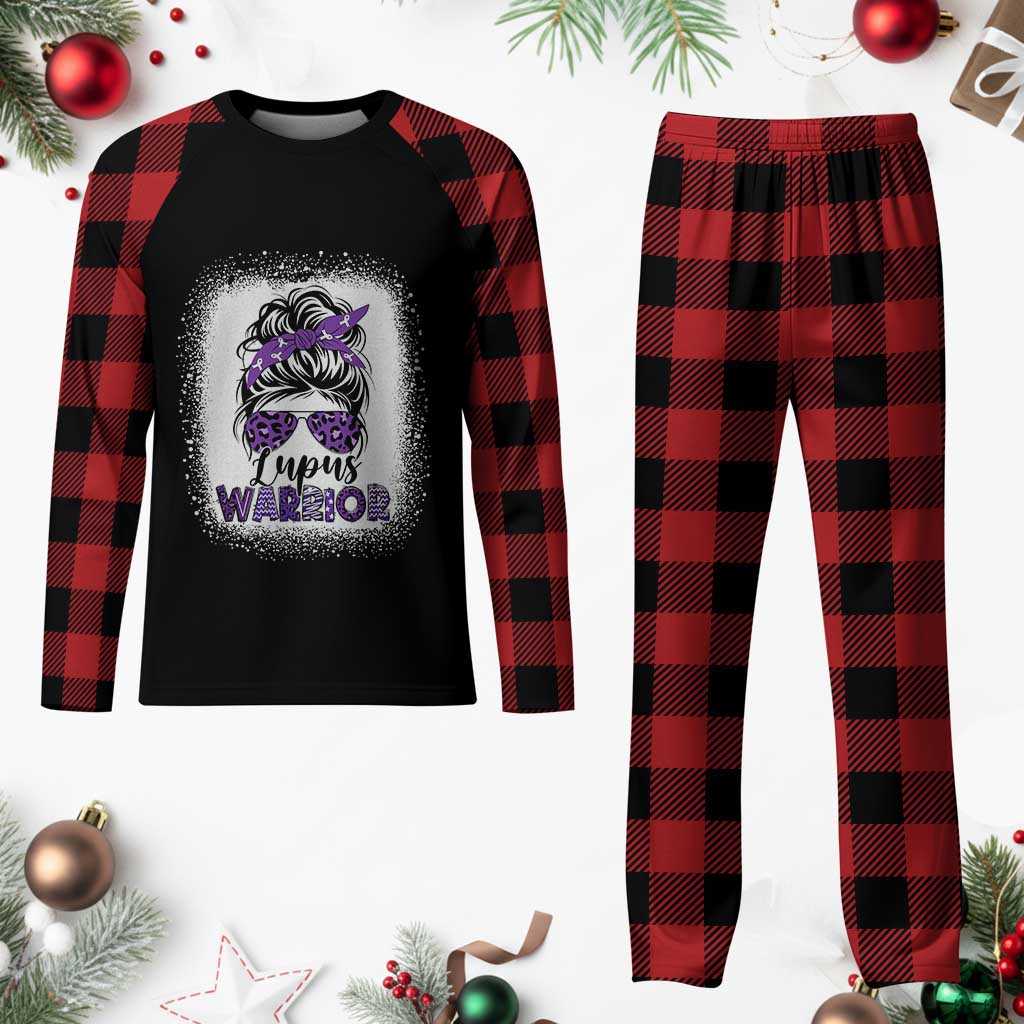 Lupus Warrior Plaid Pajama Set Purple Ribbon Messy Bun Women