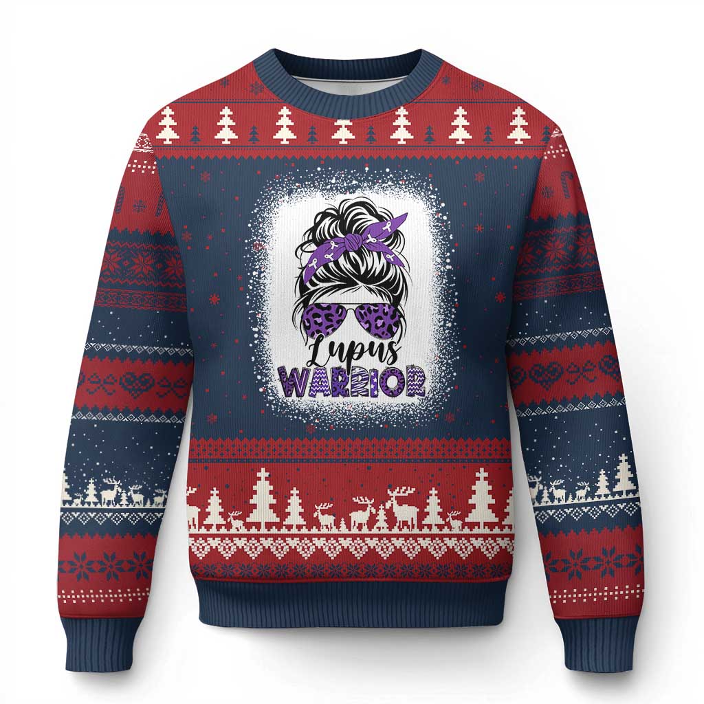 Lupus Warrior Ugly Christmas Sweater Purple Ribbon Messy Bun Women