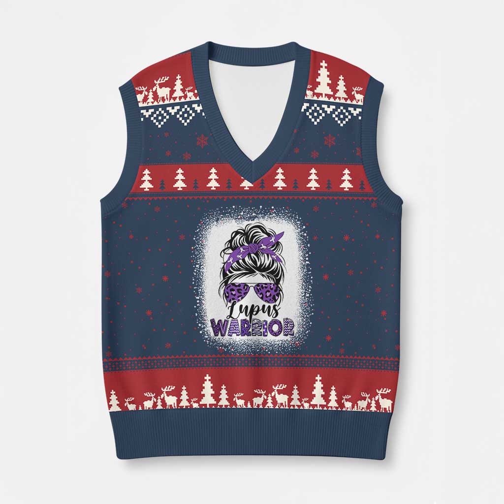 Lupus Warrior V-Neck Knit Sweater Vest Purple Ribbon Messy Bun Women