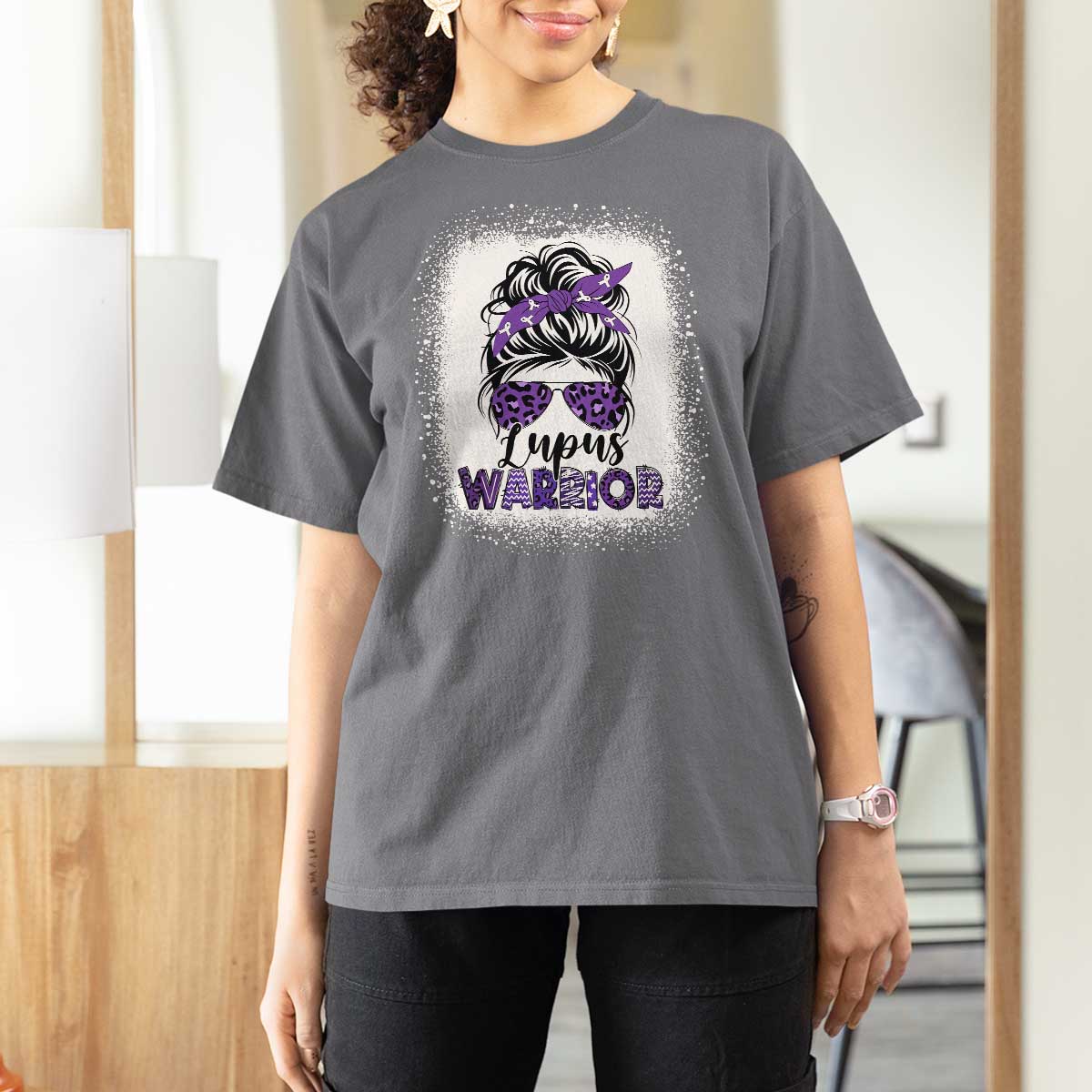 Lupus Warrior T Shirt For Women Purple Ribbon Messy Bun Women