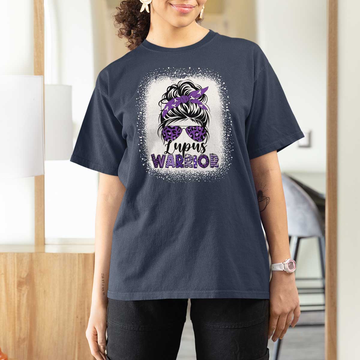 Lupus Warrior T Shirt For Women Purple Ribbon Messy Bun Women