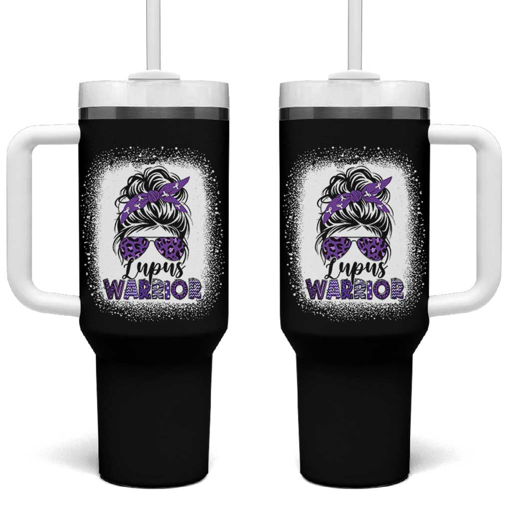 Lupus Warrior Tumbler With Handle Purple Ribbon Messy Bun Women