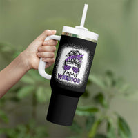 Lupus Warrior Tumbler With Handle Purple Ribbon Messy Bun Women