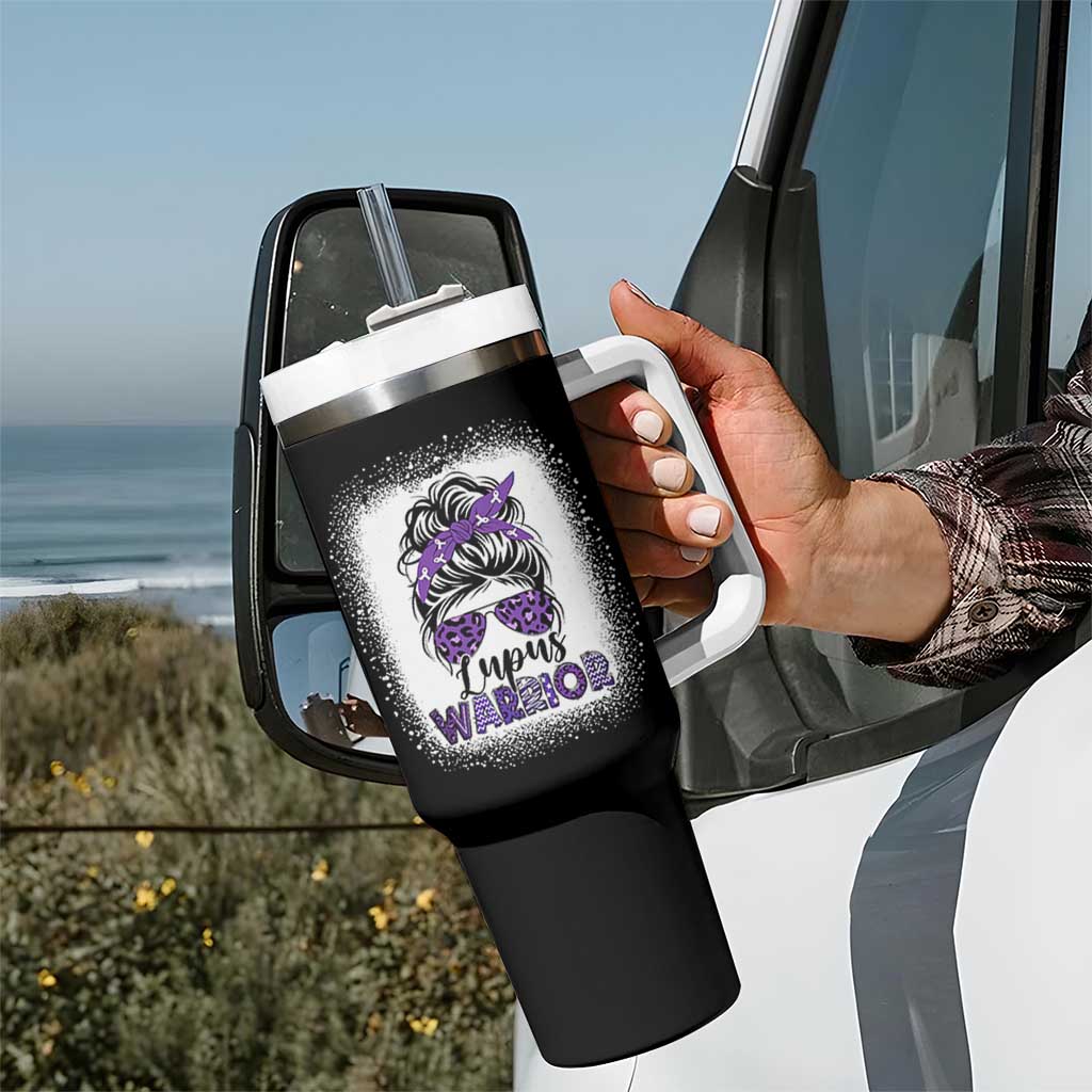 Lupus Warrior Tumbler With Handle Purple Ribbon Messy Bun Women