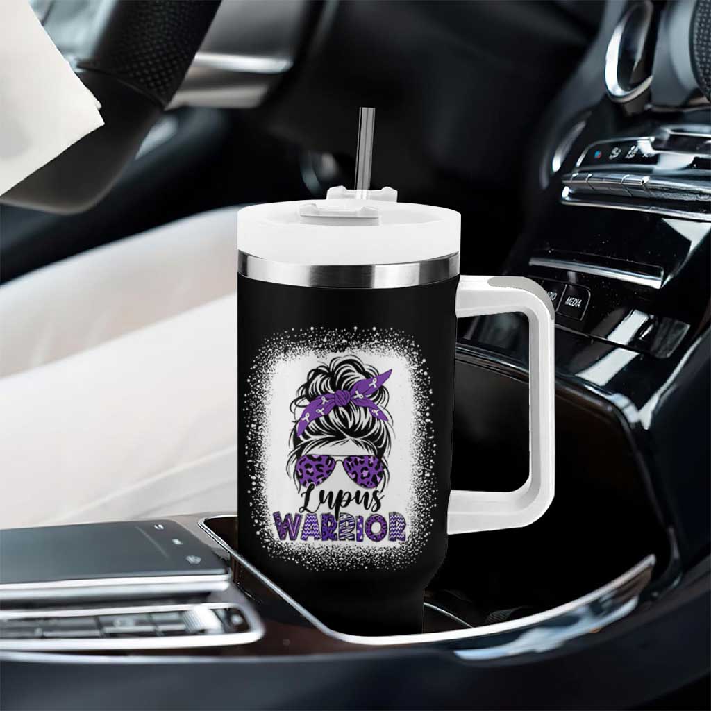 Lupus Warrior Tumbler With Handle Purple Ribbon Messy Bun Women