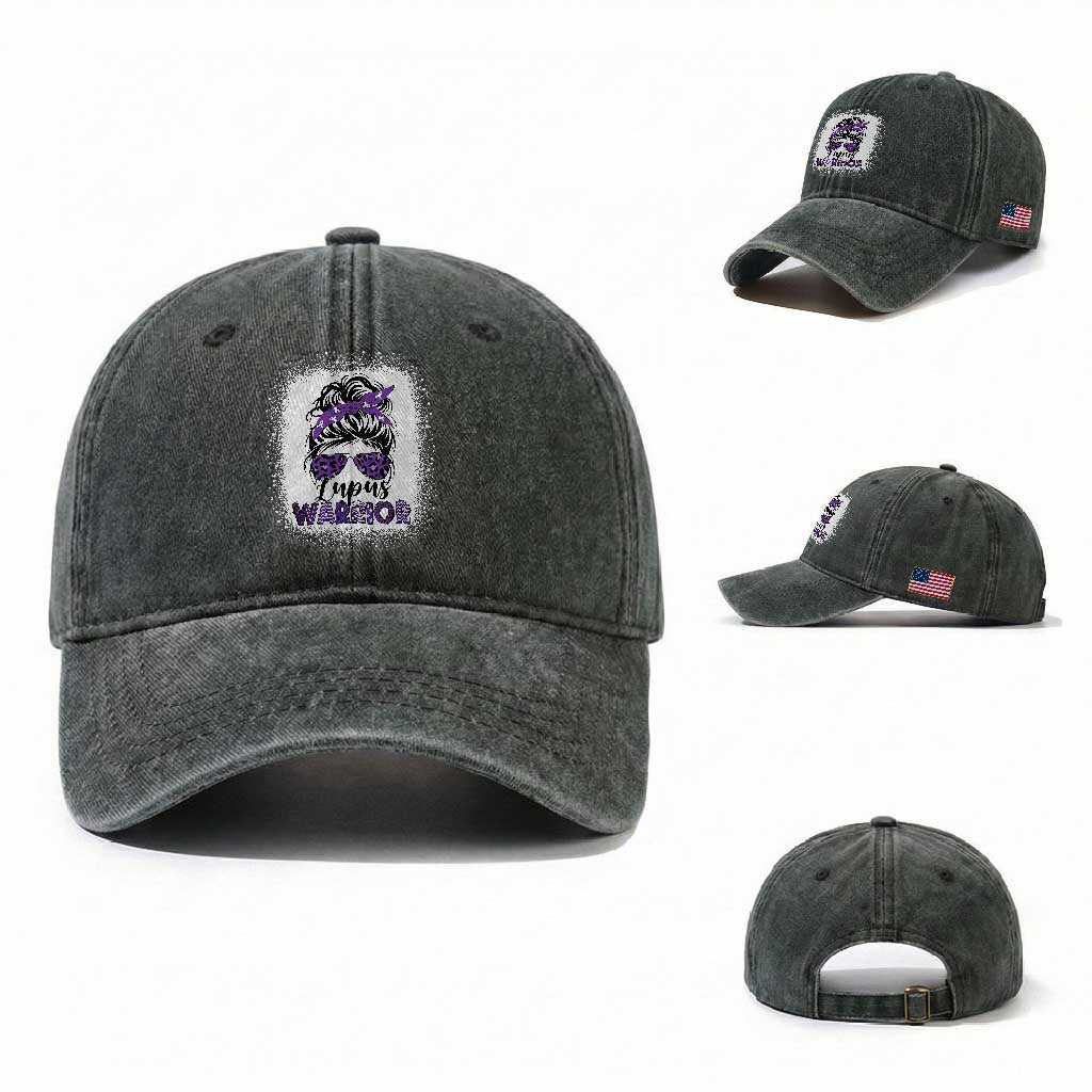 Lupus Warrior Washed Cotton Baseball Cap Purple Ribbon Messy Bun Women