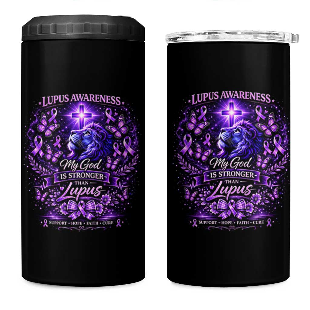 Lupus Awareness 4 in 1 Can Cooler Tumbler Lion Purple Ribbon My God Is Stronger Than Lupus