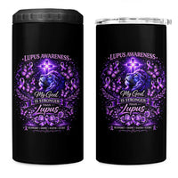 Lupus Awareness 4 in 1 Can Cooler Tumbler Lion Purple Ribbon My God Is Stronger Than Lupus