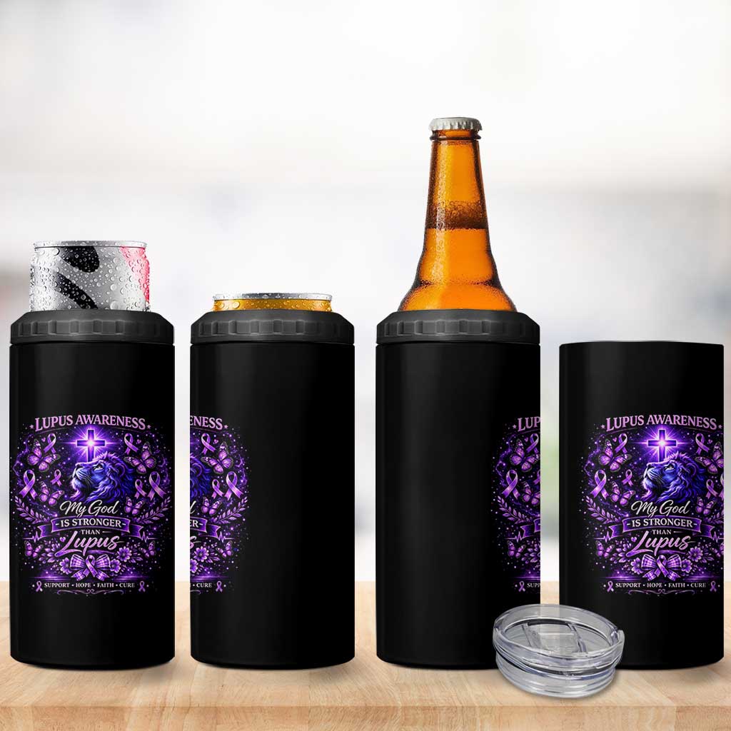 Lupus Awareness 4 in 1 Can Cooler Tumbler Lion Purple Ribbon My God Is Stronger Than Lupus