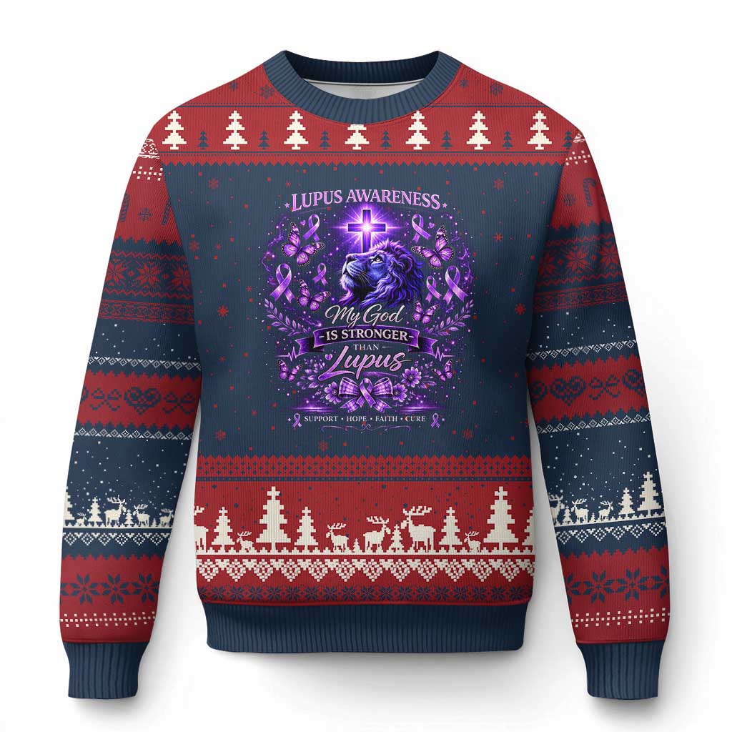 Lupus Awareness Ugly Christmas Sweater Lion Purple Ribbon My God Is Stronger Than Lupus