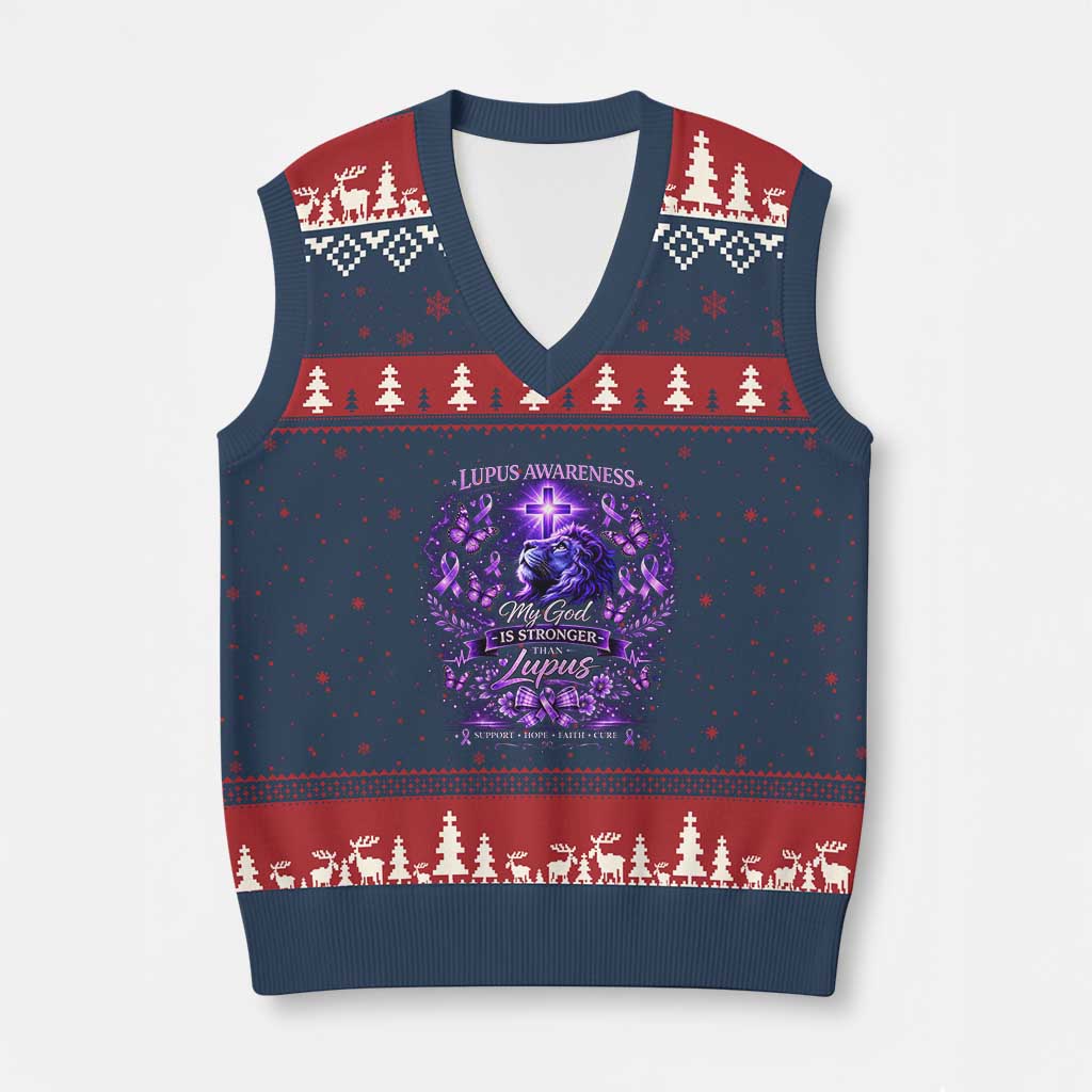 Lupus Awareness V-Neck Knit Sweater Vest Lion Purple Ribbon My God Is Stronger Than Lupus