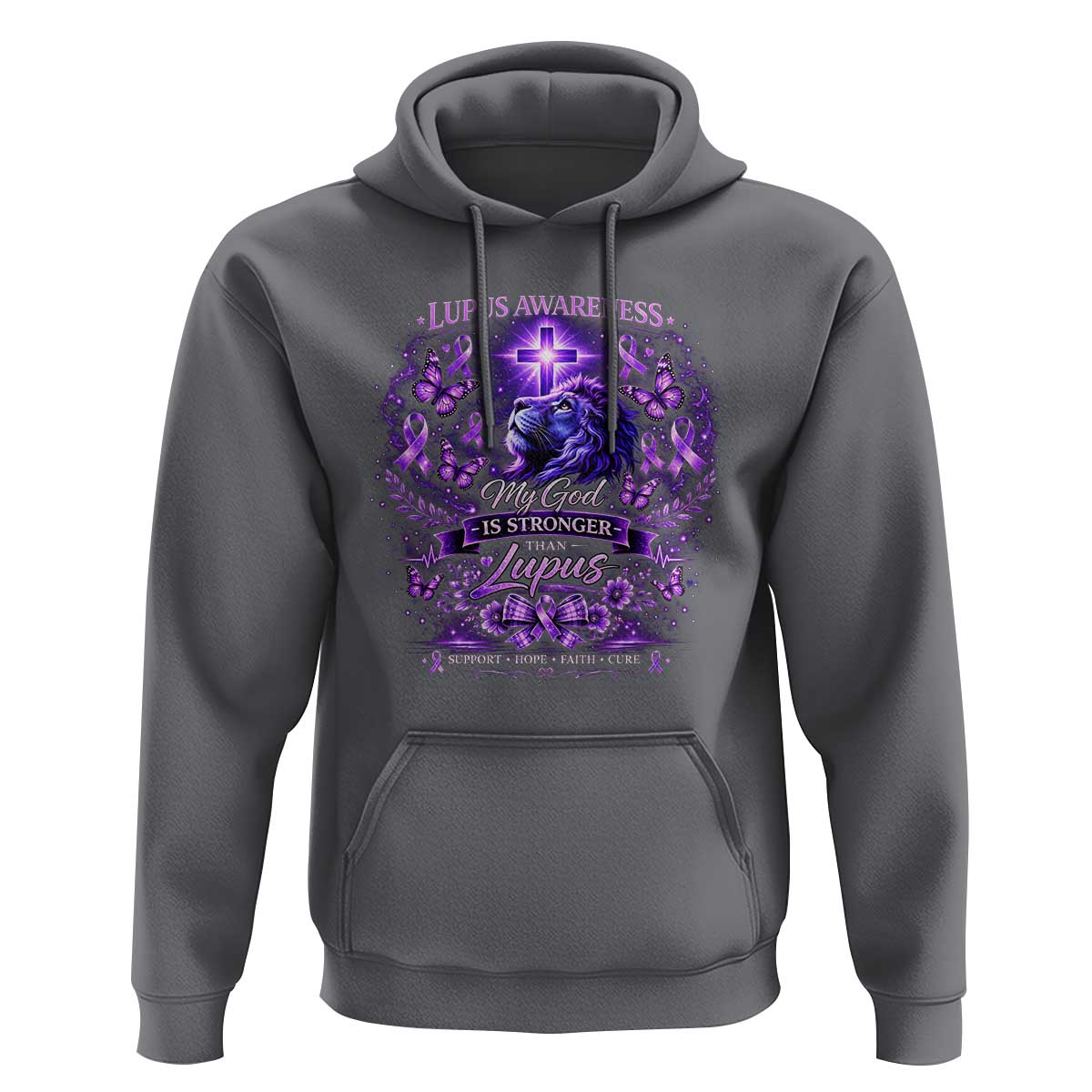 Lupus Awareness Hoodie Lion Purple Ribbon My God Is Stronger Than Lupus