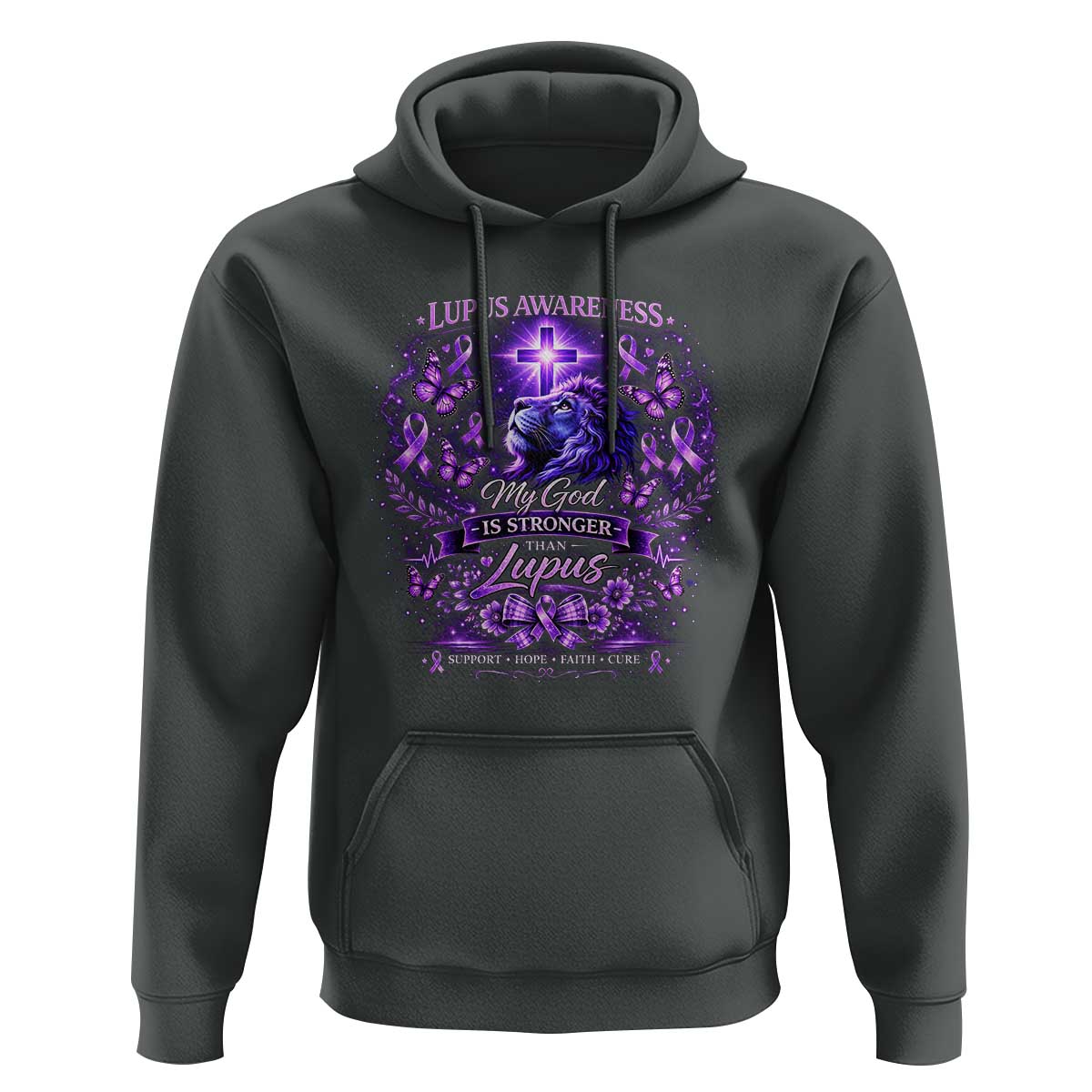 Lupus Awareness Hoodie Lion Purple Ribbon My God Is Stronger Than Lupus