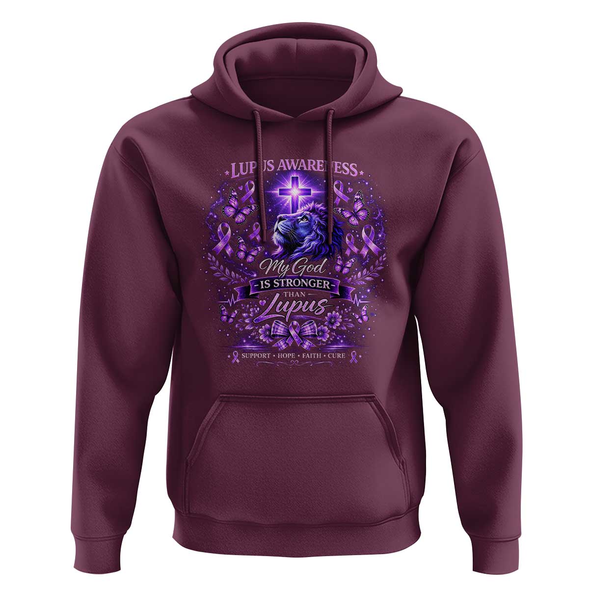 Lupus Awareness Hoodie Lion Purple Ribbon My God Is Stronger Than Lupus